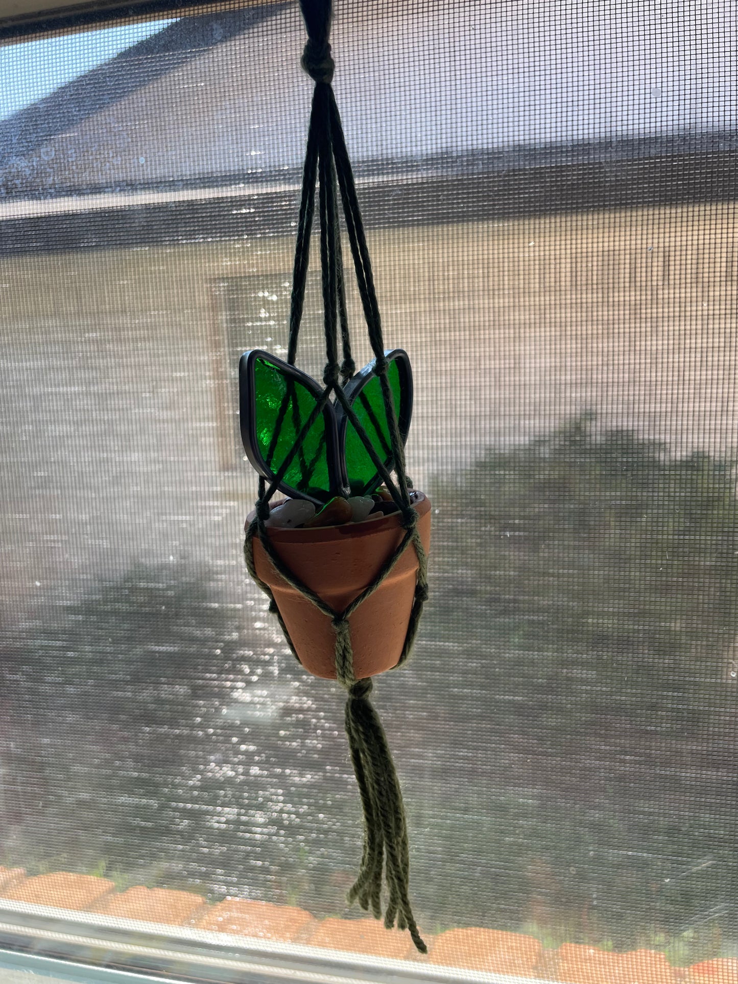 1.5” potted plant hanger w green string
