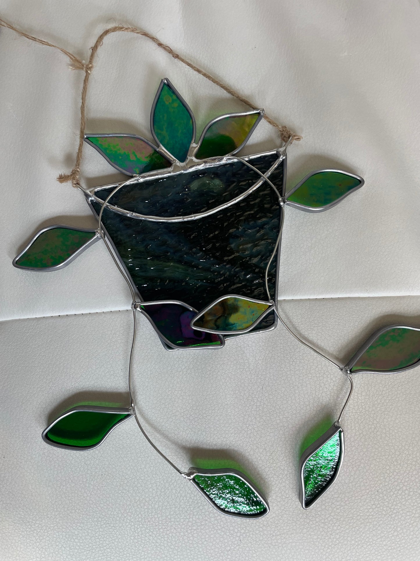 Hanging pothos in a green and brown pot