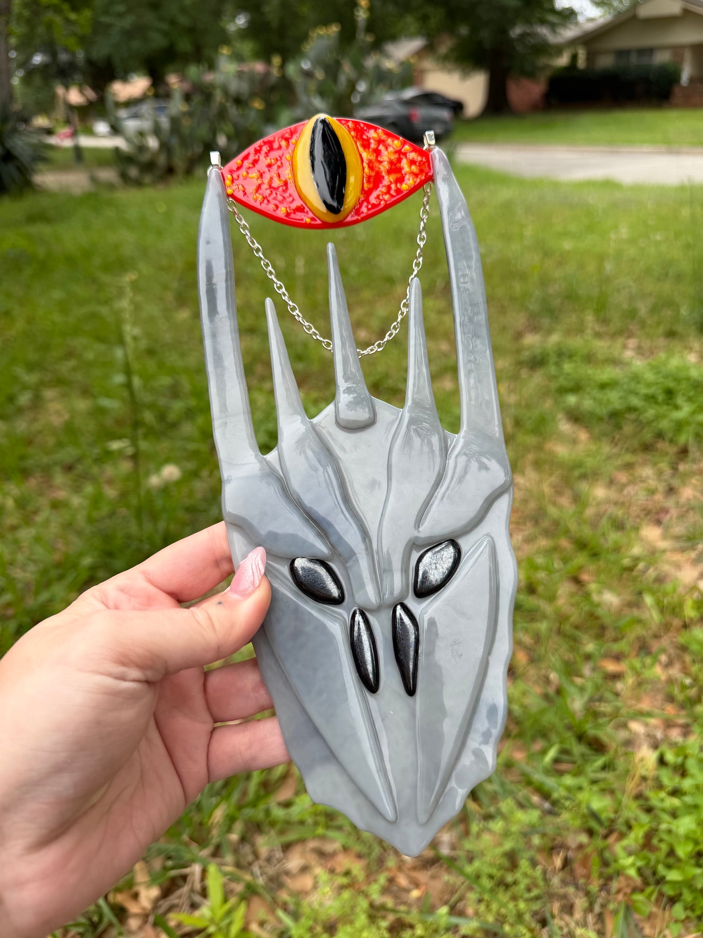 Made to order: fused glass sauron helmet in silver