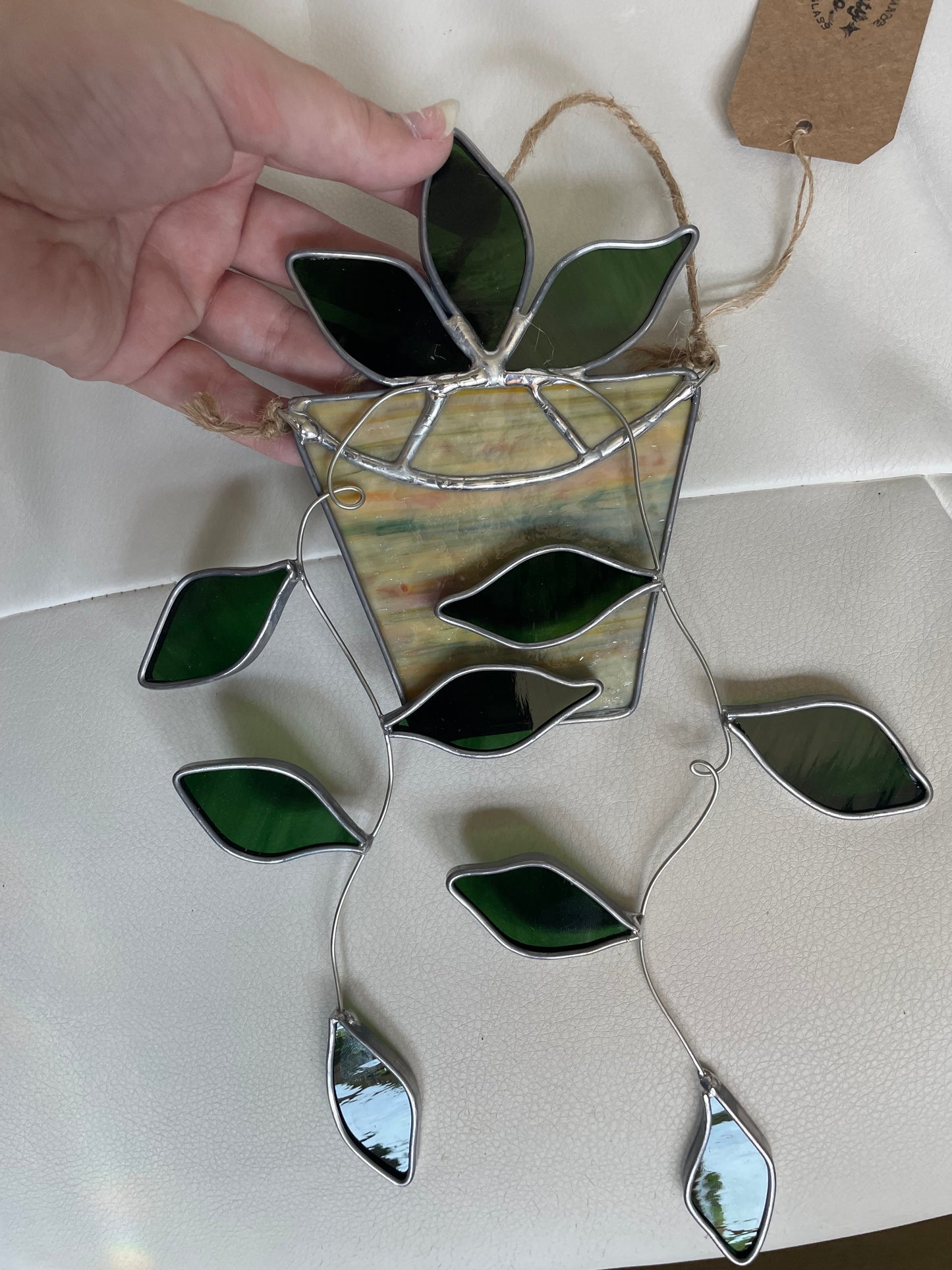 Hanging pothos in a multi-colored tan pot