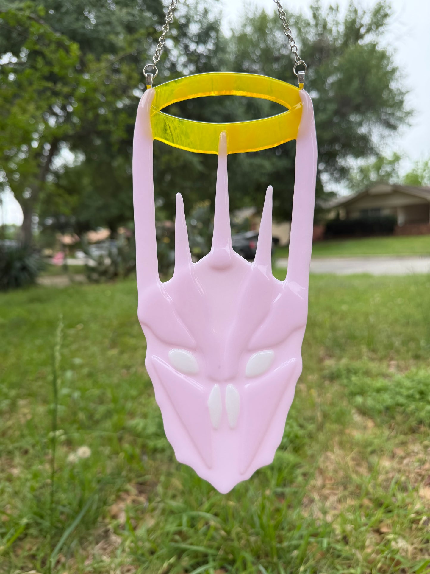 Made to order: fused glass sauron helmet in pink