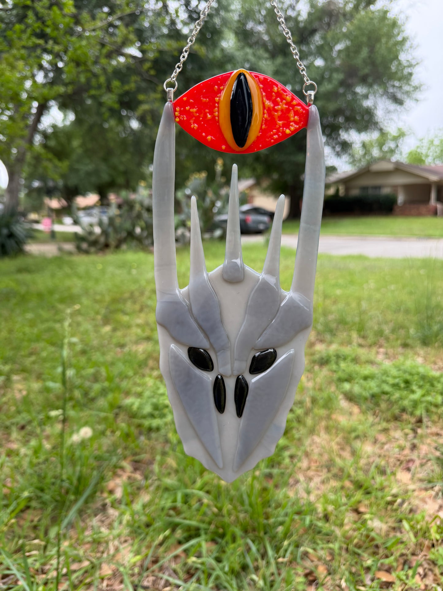 Made to order: fused glass sauron helmet in silver