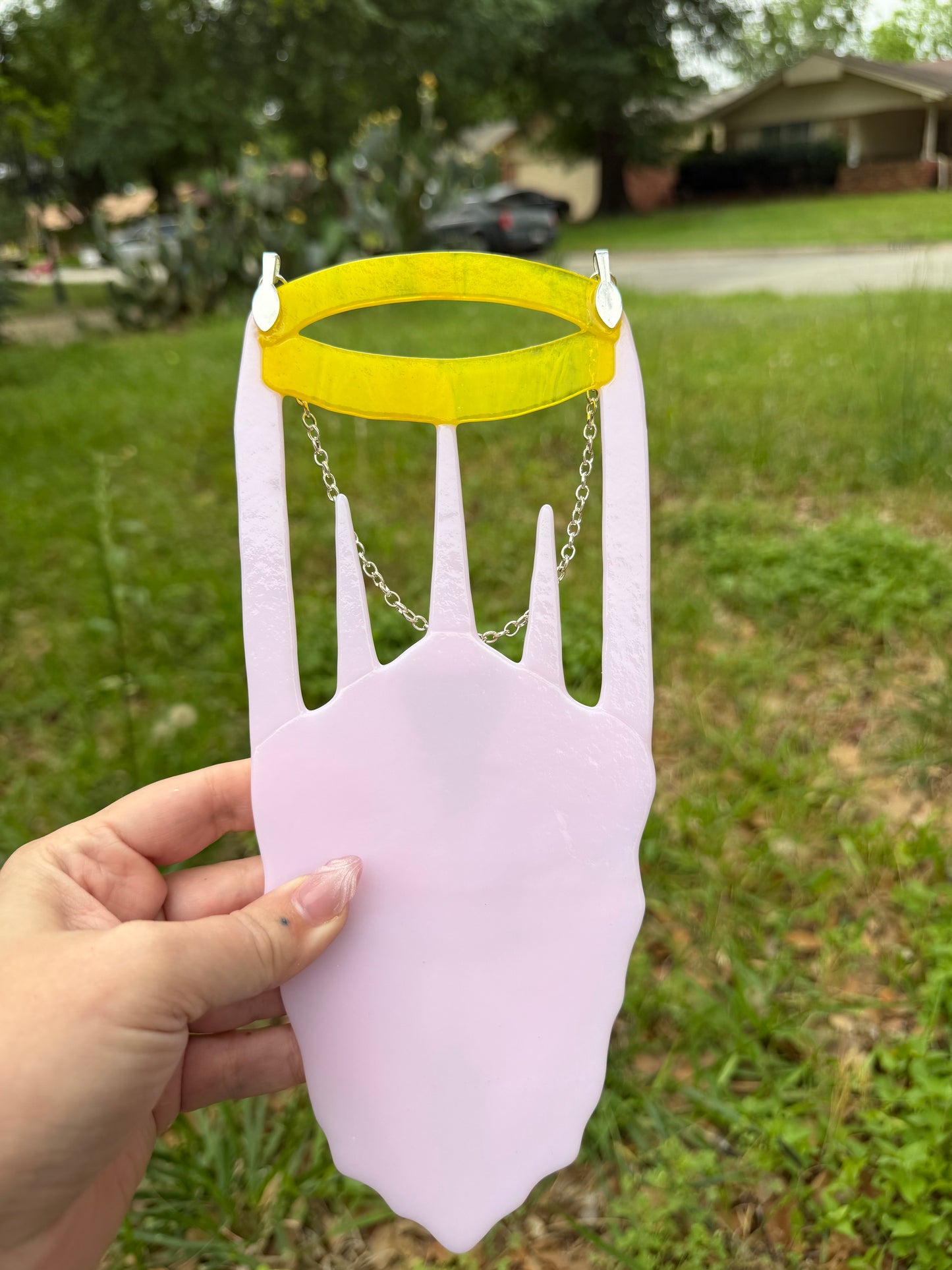 Made to order: fused glass sauron helmet in pink
