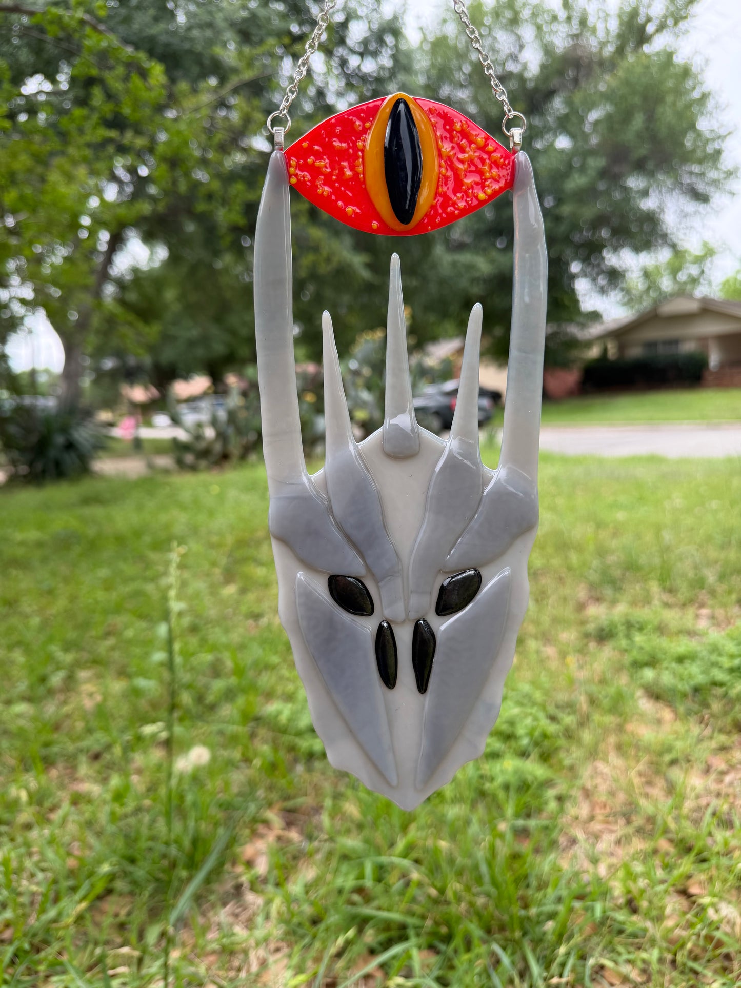 Made to order: fused glass sauron helmet in silver