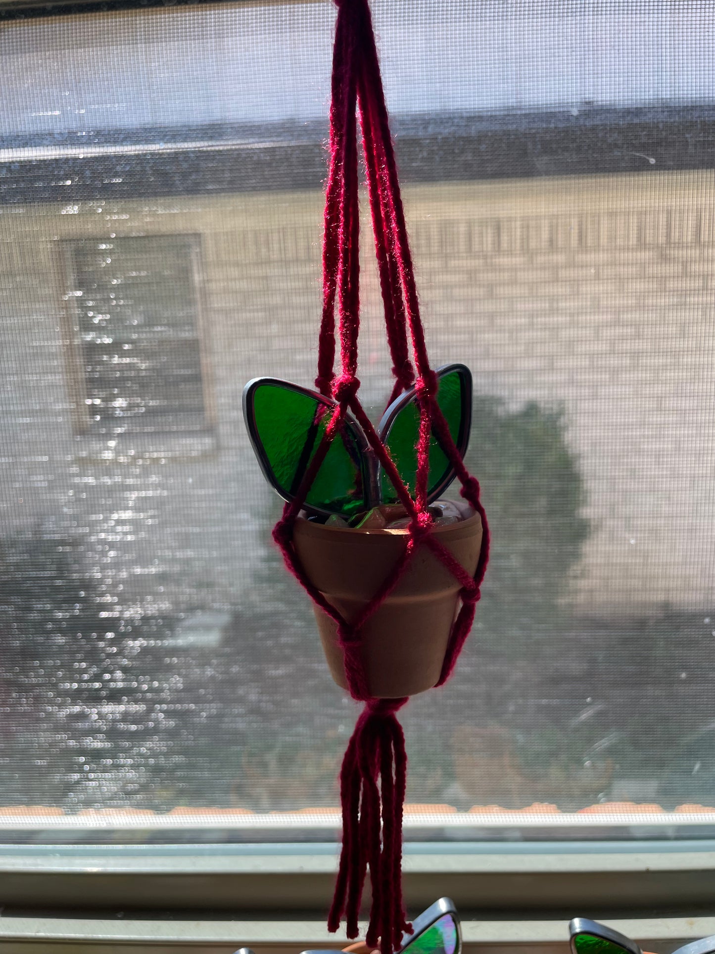 1.5” hanging potted plant with red string